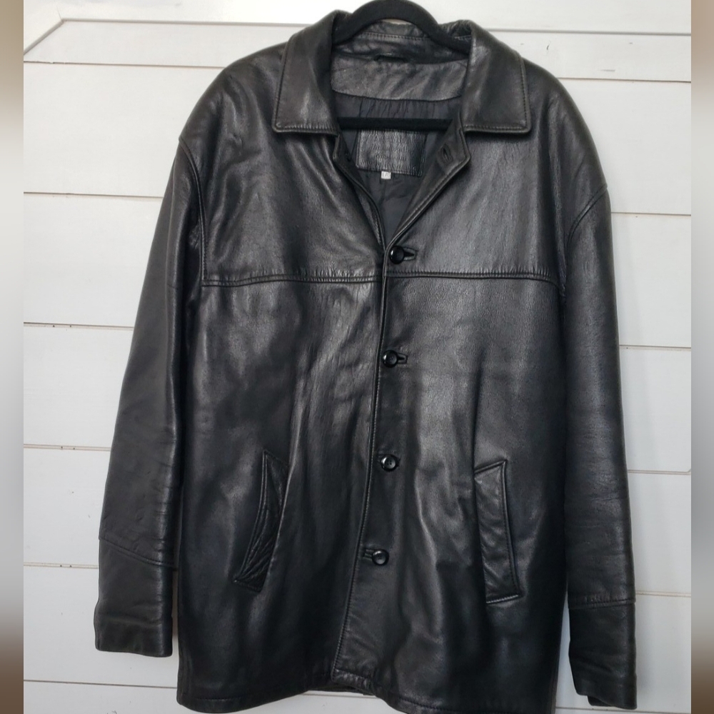 Vintage 90s Grunge Genuine Black Leather Jacket, Men's Size L fully lined button